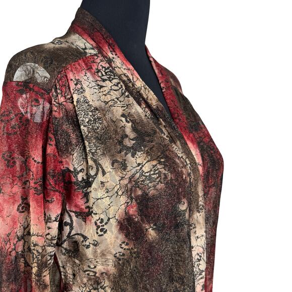 Chico's Size 1 Abstract Lace Mesh Open Cardigan Kimono Shawl Black Red Brown - Picture 3 of 8
